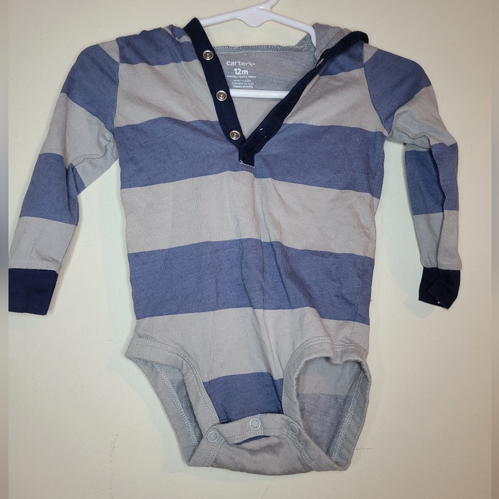 carters hooded blue and gray striped onesie, sz 12m